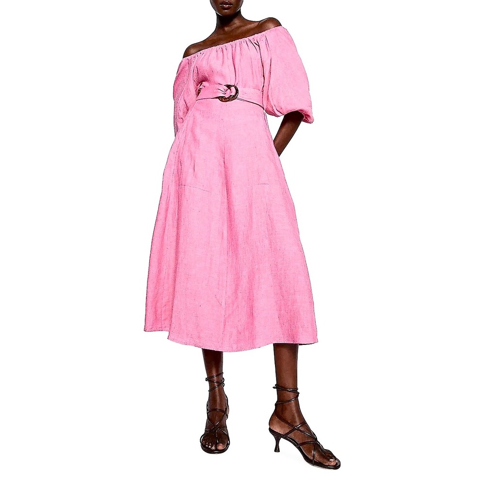 Scanlan Theodore Pink‎ Linen Puff Sleeve Belted Midi Dress US 2 AU 6 H1244984